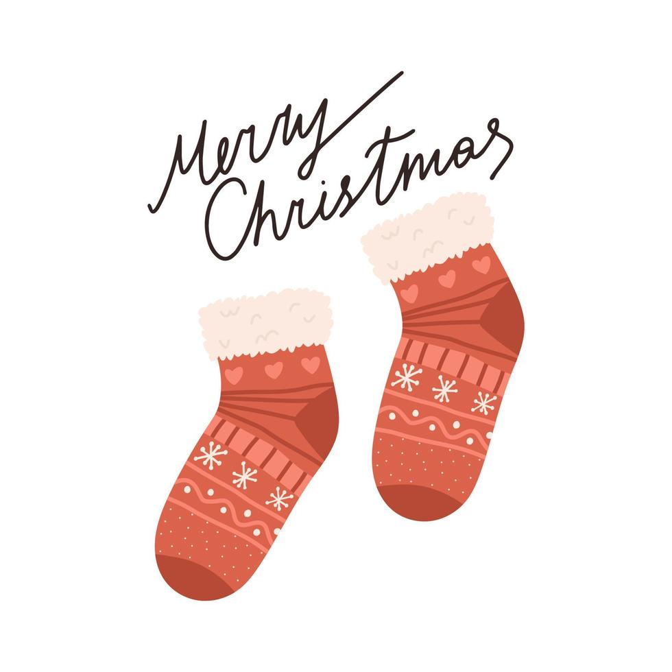 Christmas greeting card with cute socks and lettering, flat vector illustration isolated on white background. Hand drawn socks with winter ornament.