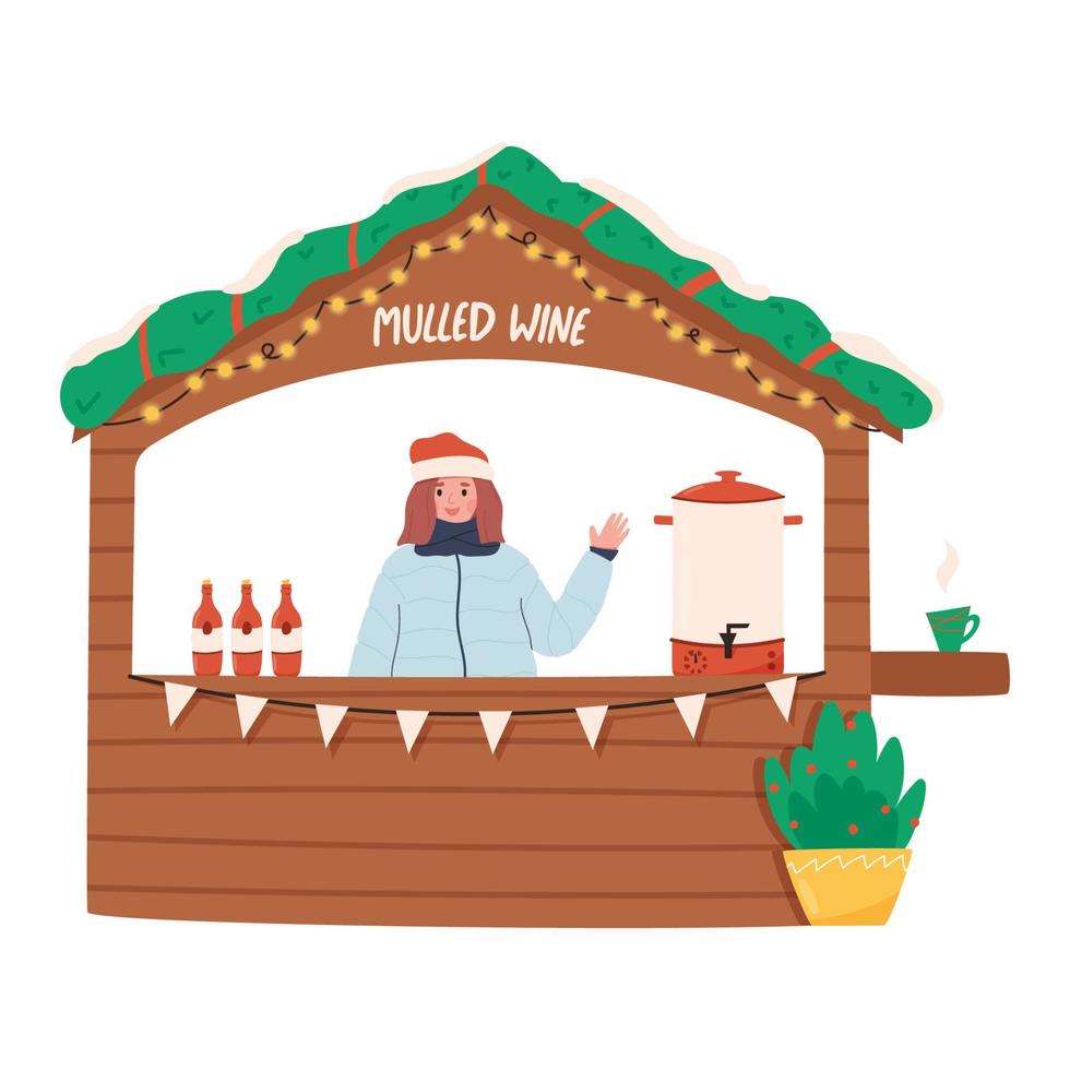 mujer con sombrero, bufanda y chaqueta acolchada agitando la mano y vendiendo vino caliente en un mercado de Navidad - ilustración vectorial plana aislada sobre fondo blanco. puesto de mercado de madera con luces de colores. vector