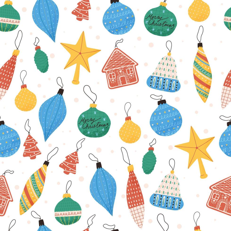 Cute Christmas pattern with colorful balls and toys for tree decoration, flat vector illustration on white. Seamless background for winter holidays and gifts wrapping paper.