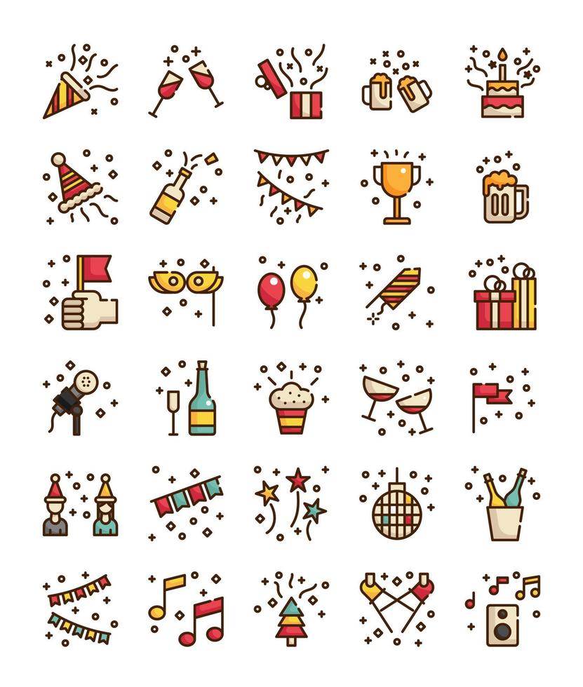 set of filled outline party celebration icons vector