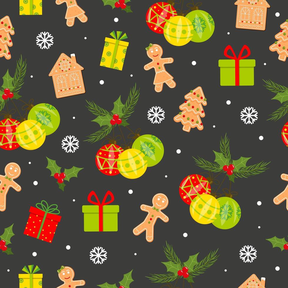 Seamless pattern with gingerbread, gifts boxes, Christmas balls on dark background. New Year decoration. Vector illustration