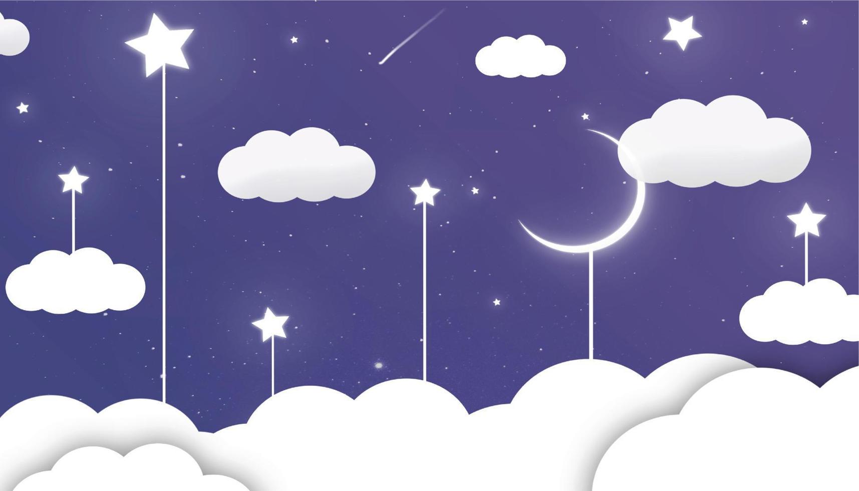 Blue sky with clouds and shiny stars and moon vector illustration, simple night sky illustration