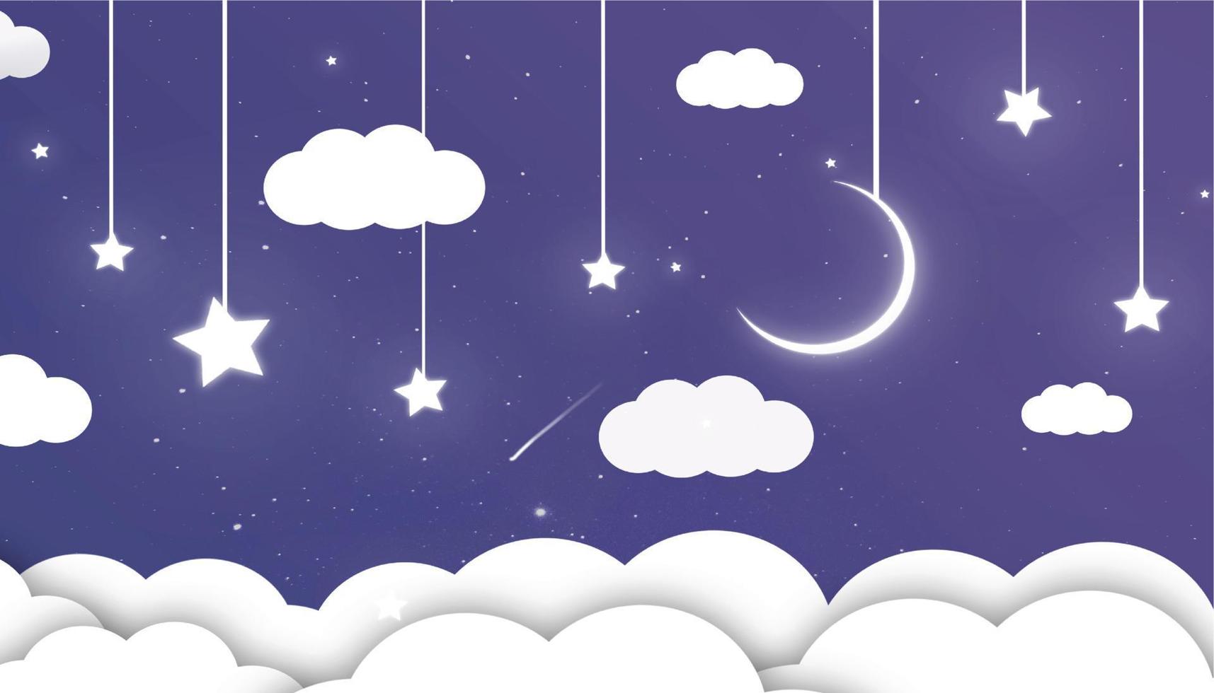 Blue sky with clouds and shiny stars and moon vector illustration, simple night sky illustration