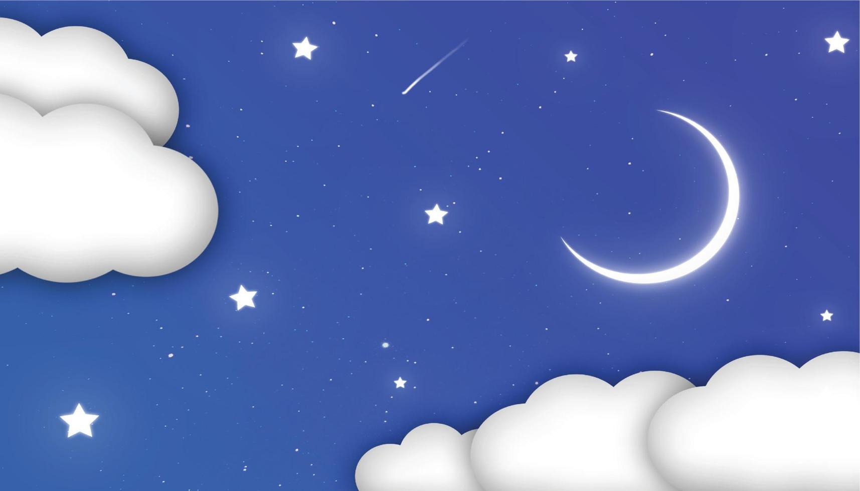 Blue sky with clouds and shiny stars and moon vector illustration, simple night sky illustration