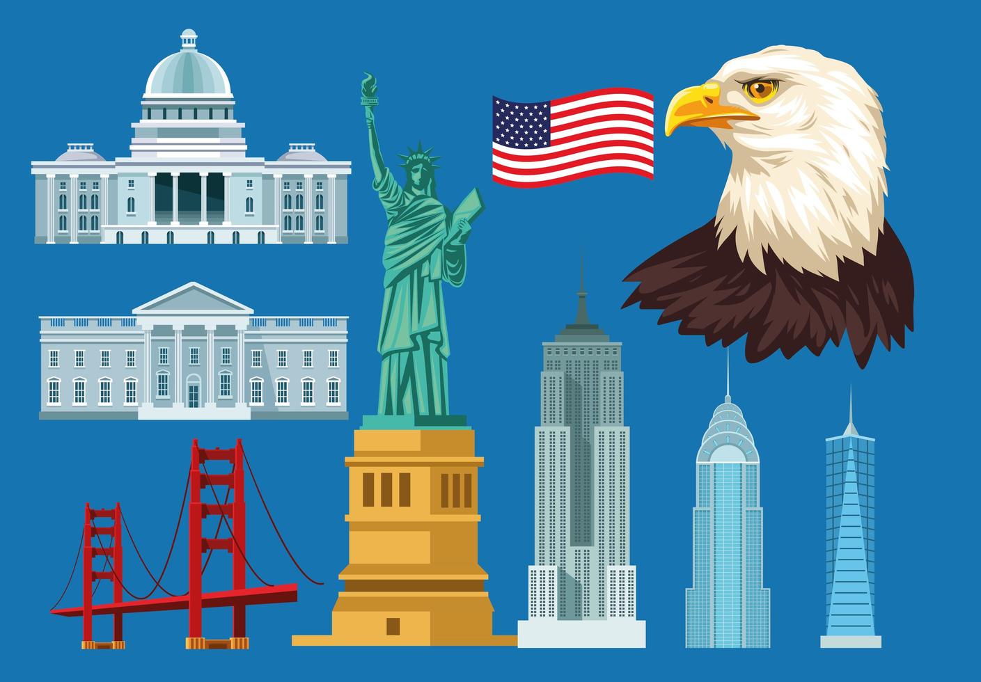 nueve iconos de estados unidos vector