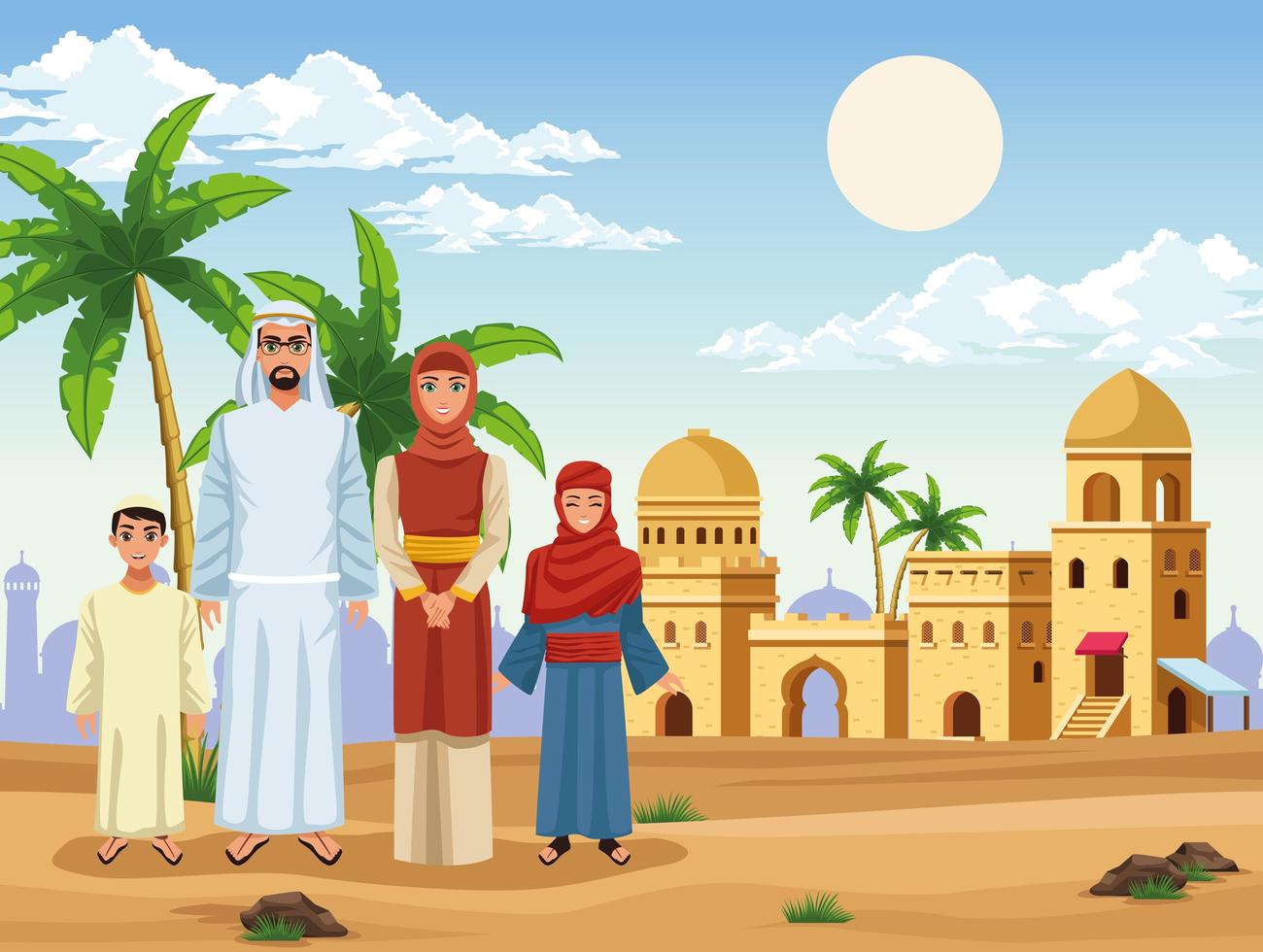 muslim family with mosque vector