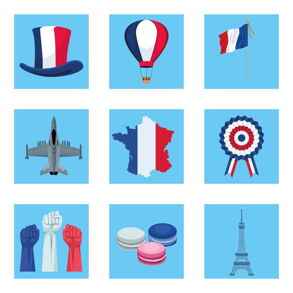 nine bastille day icons vector