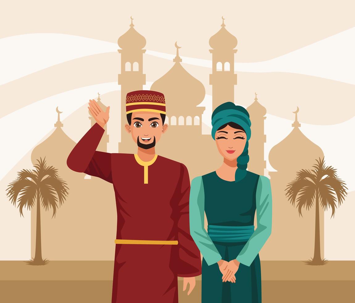 muslim couple in mosque vector