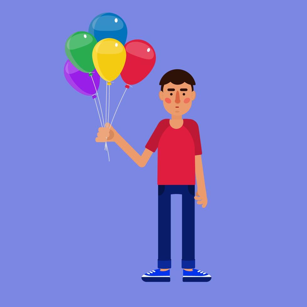 Man holding a bunch of colorful balloons. Man has a serious face. Ambiguous feeling. vector