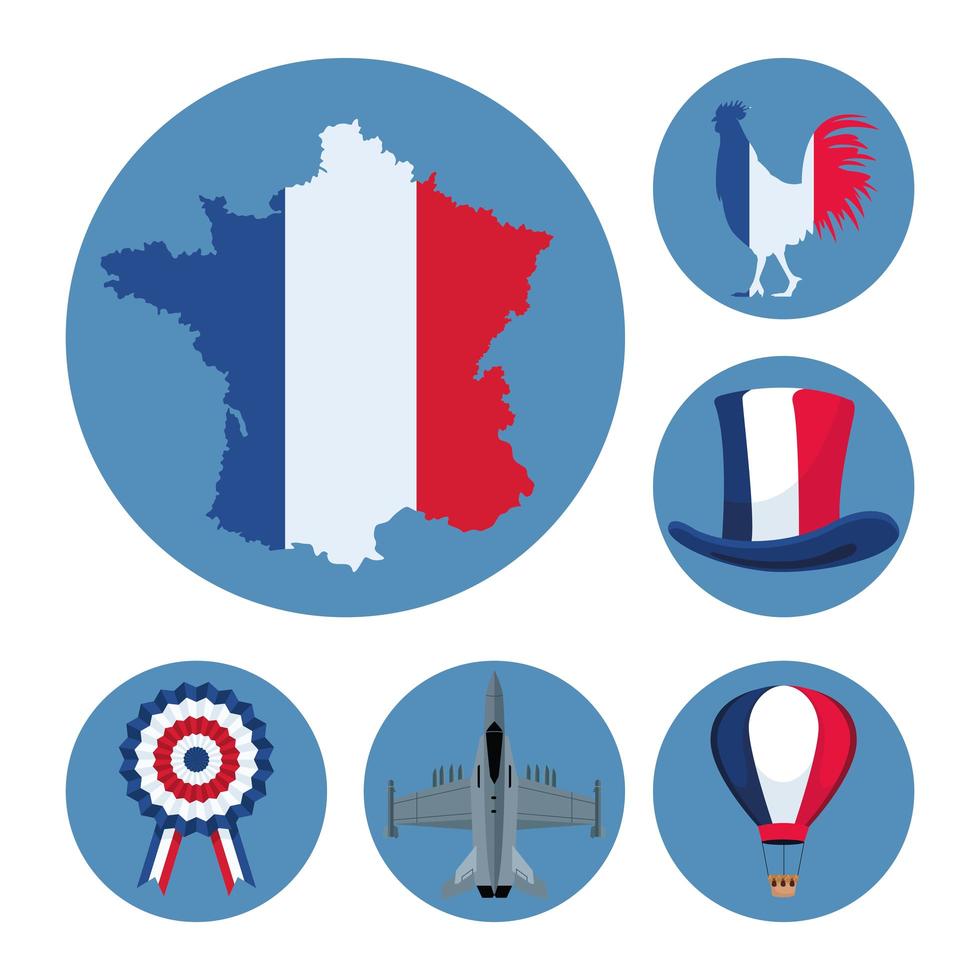 six bastille day icons vector