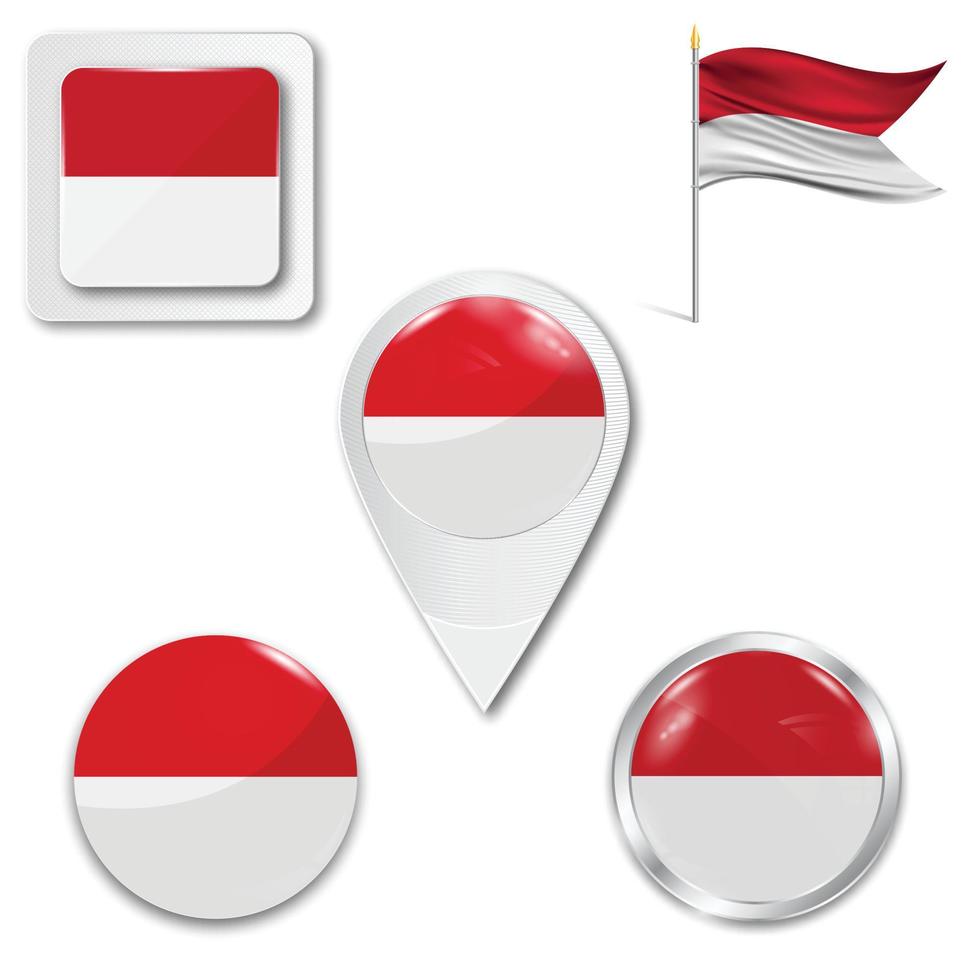 Set of icons of the national flag of Indonesia. Button, pointer and checkbox. vector
