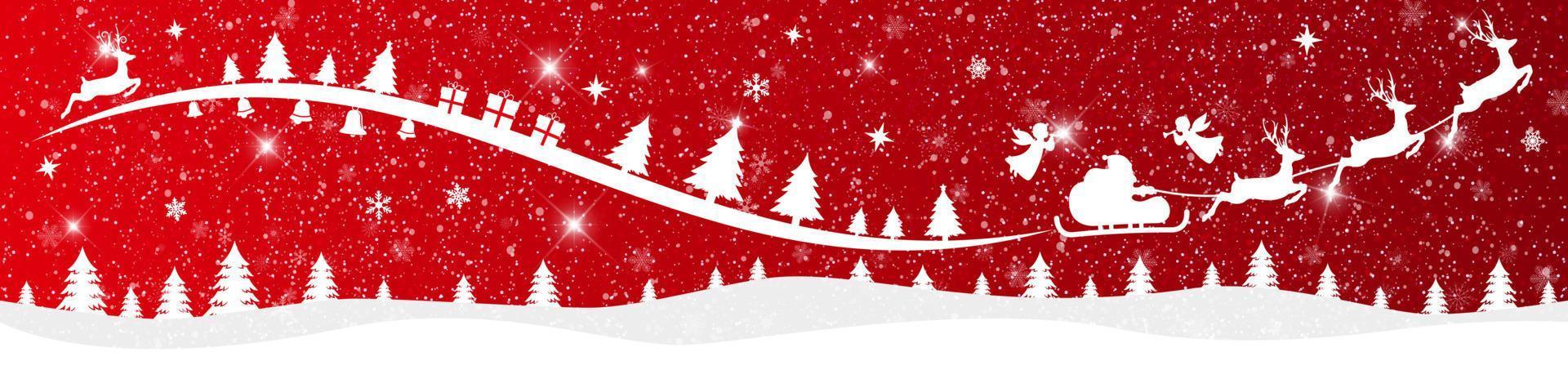 feliz navidad y próspero año nuevo sobre fondo rojo con santa claus y paisaje nevado. vector