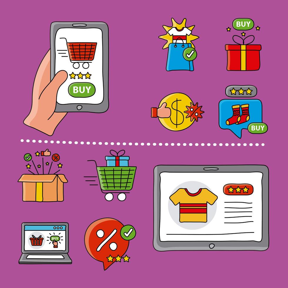 online shopping technology with smartphone and tablet set icons vector