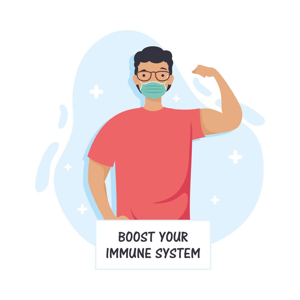 Mejora tu sistema inmunológico letras con hombre fuerte con máscara médica vector