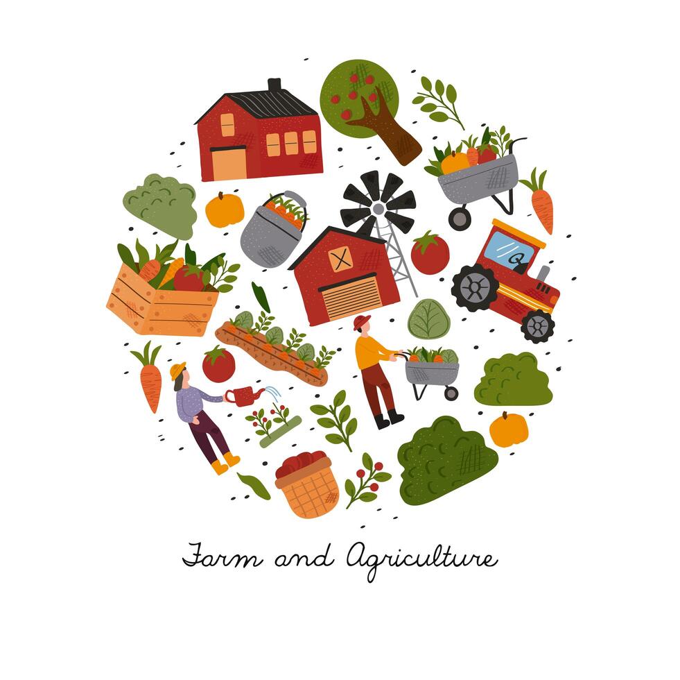 bundle of farm and agriculture set icons and lettering vector