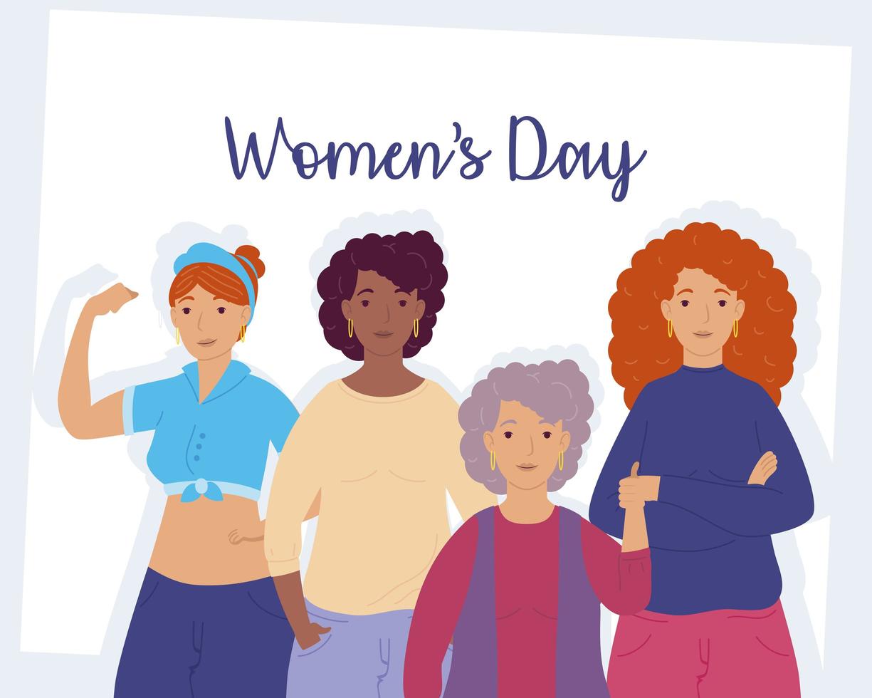 womens day lettering with group of girls interracial vector