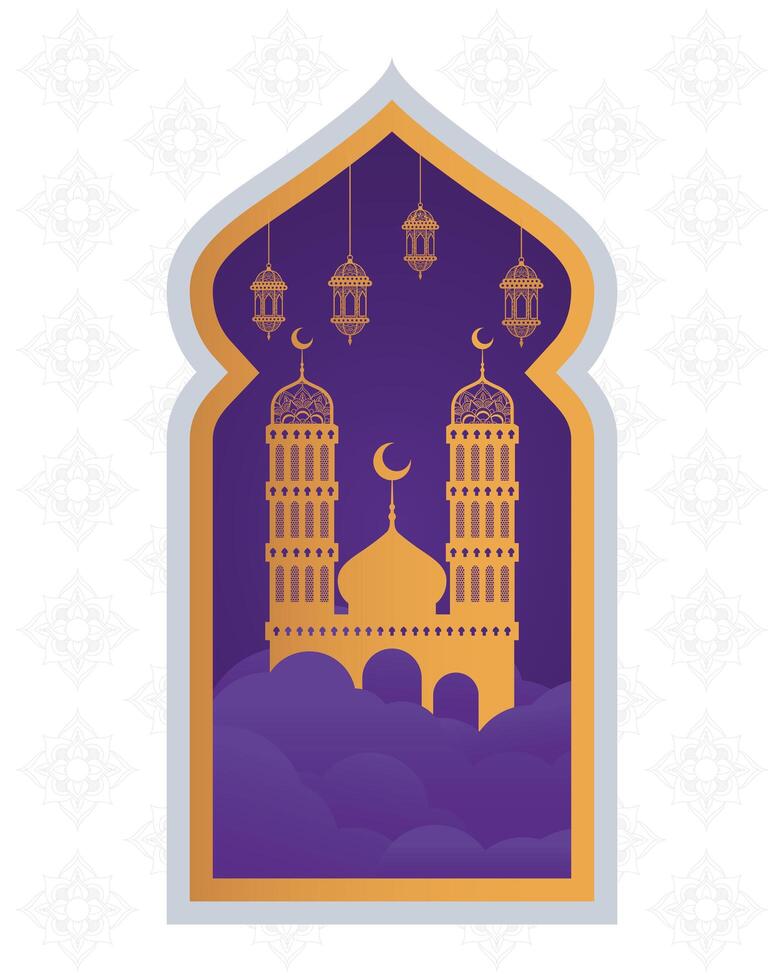 ramadan kareen celebration purple frame with golden mosque palace vector
