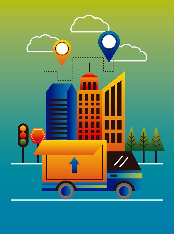 delivery service pins locations in buildings and truck vector