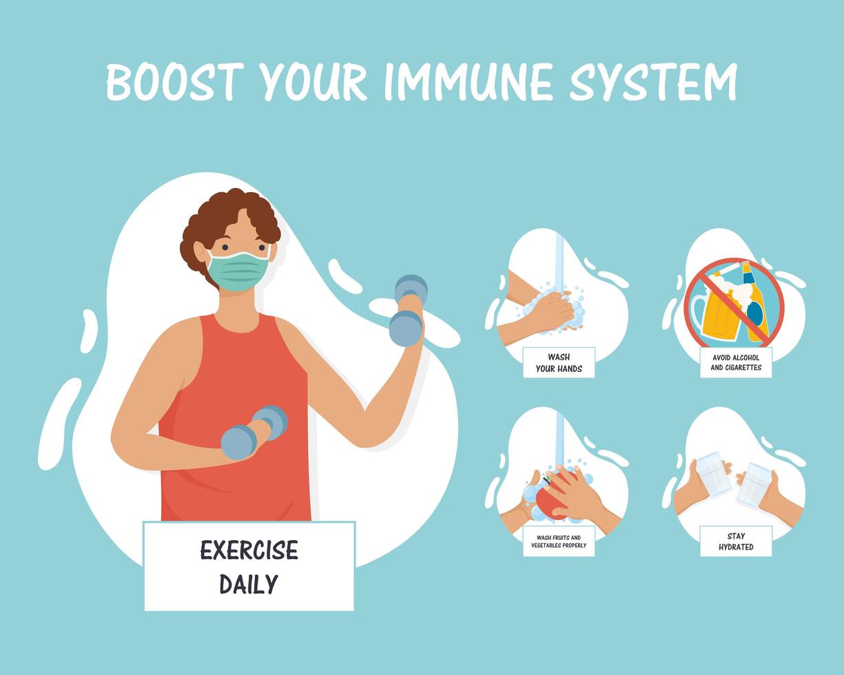 boost your immune system lettering with woman wearing medical mask lifting dumbbells and recommendations vector