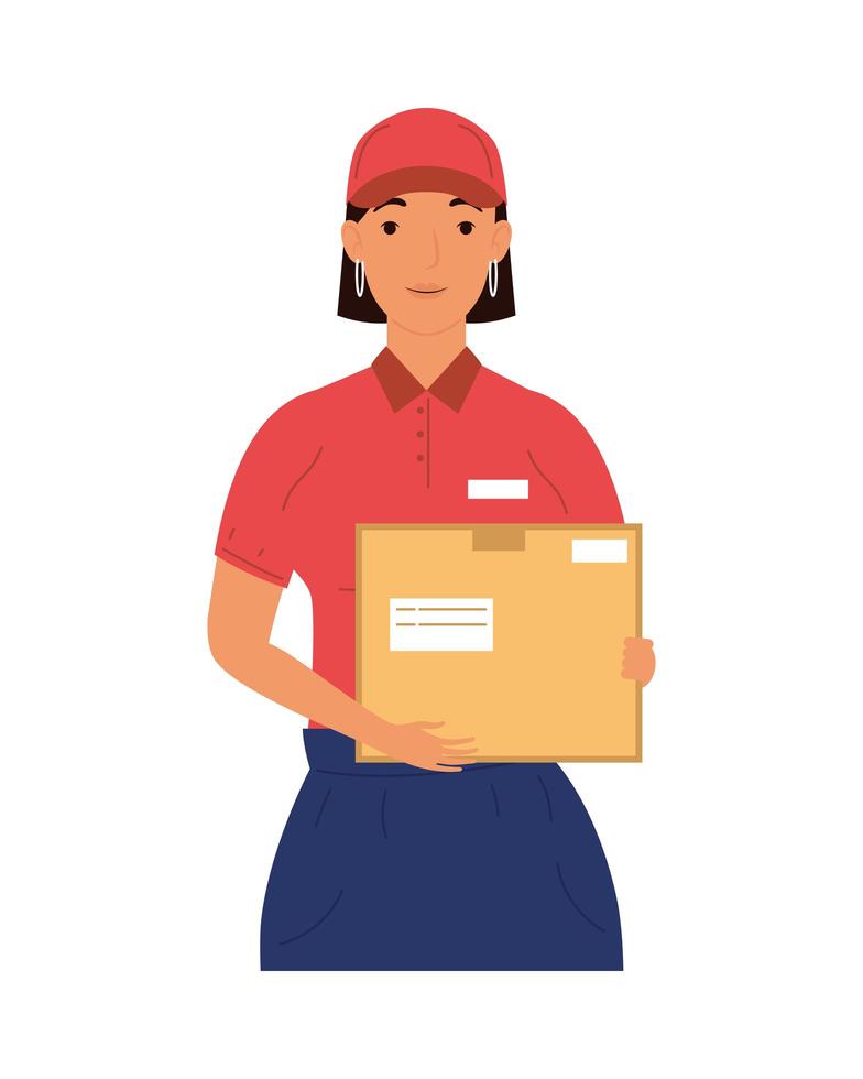 delivery service female worker lifting box carton vector