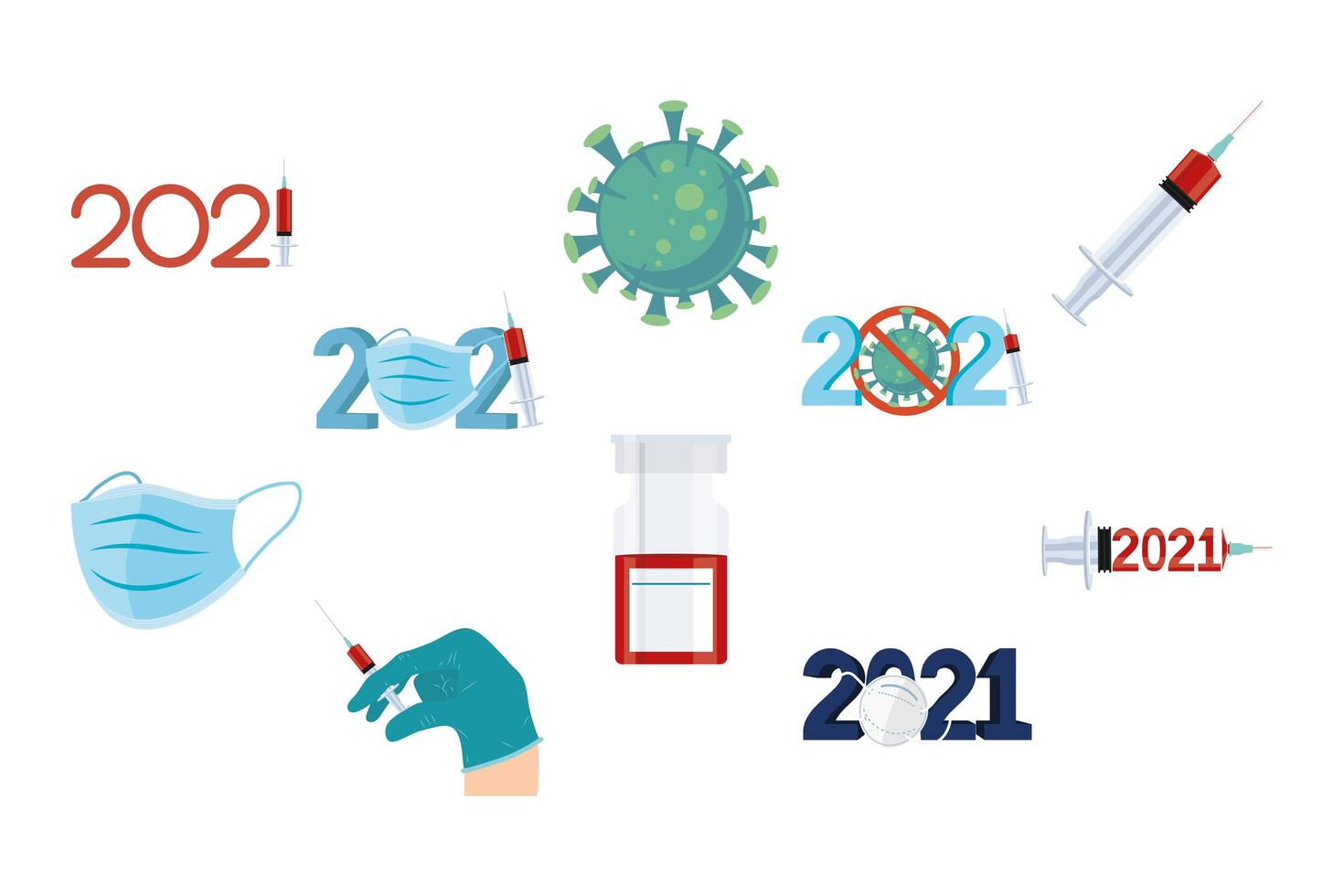 bundle of ten 2021 year numbers and covid19 vaccine set icons vector