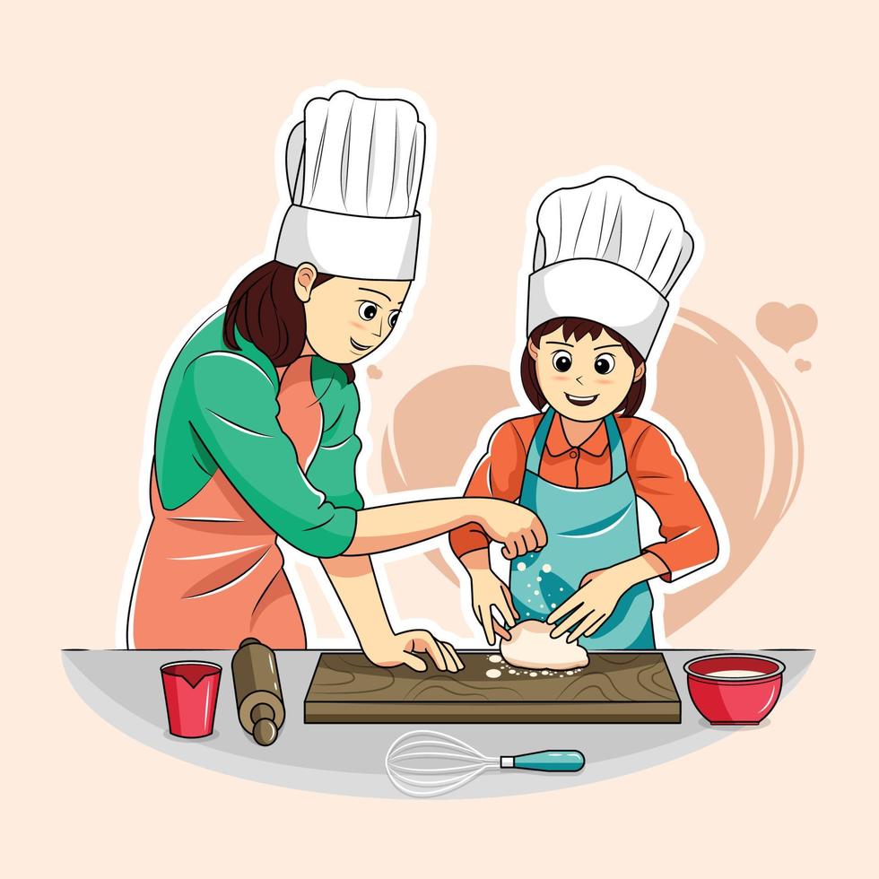 mom and daughter siblings baking vector illustration