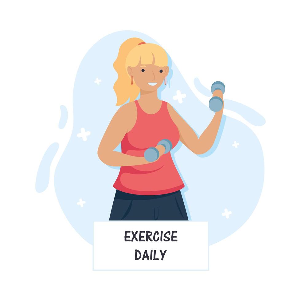 exercise daily lettering for immune system with woman lifting dumbbells vector