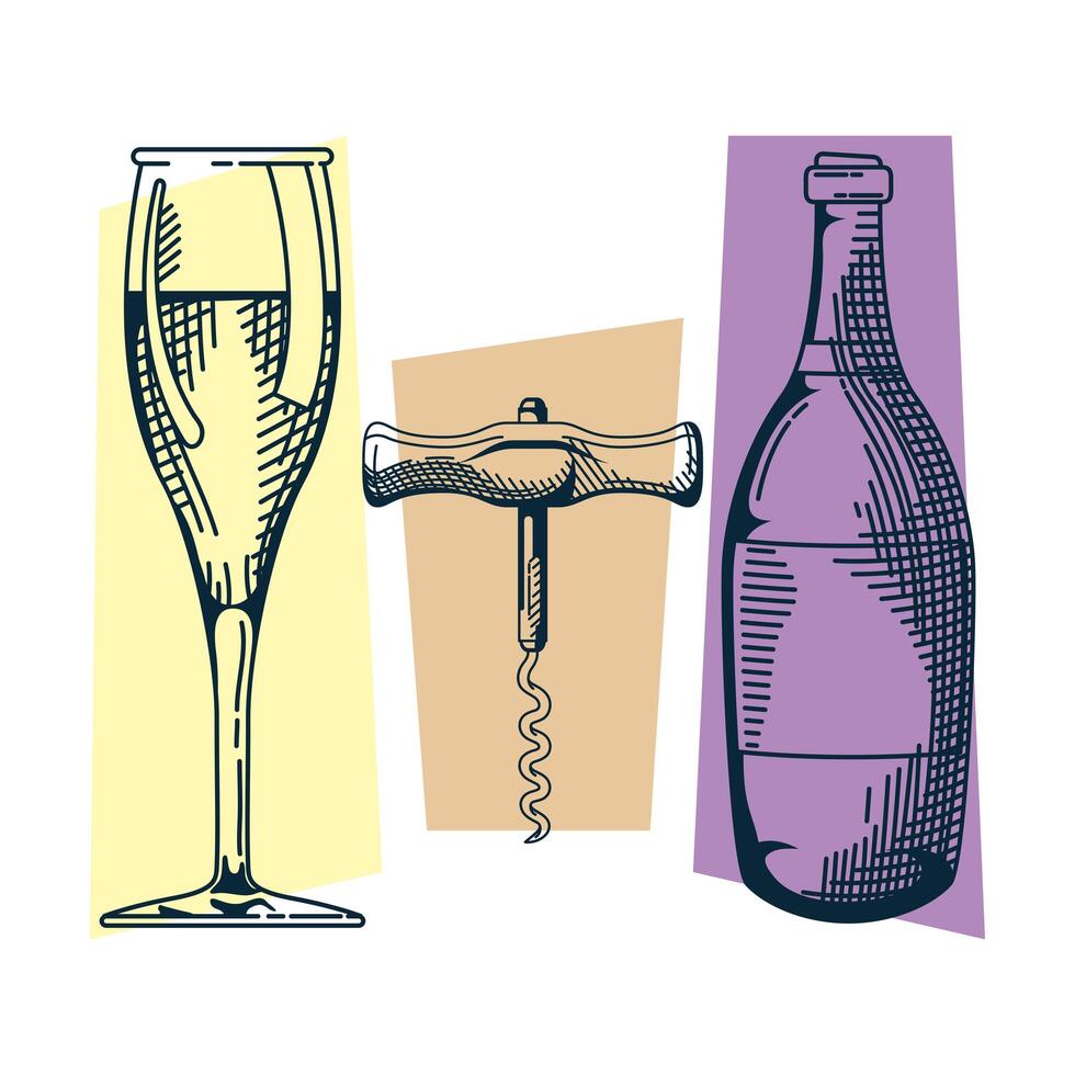 champagne bottle and cup with corckscrew hand draw style vector