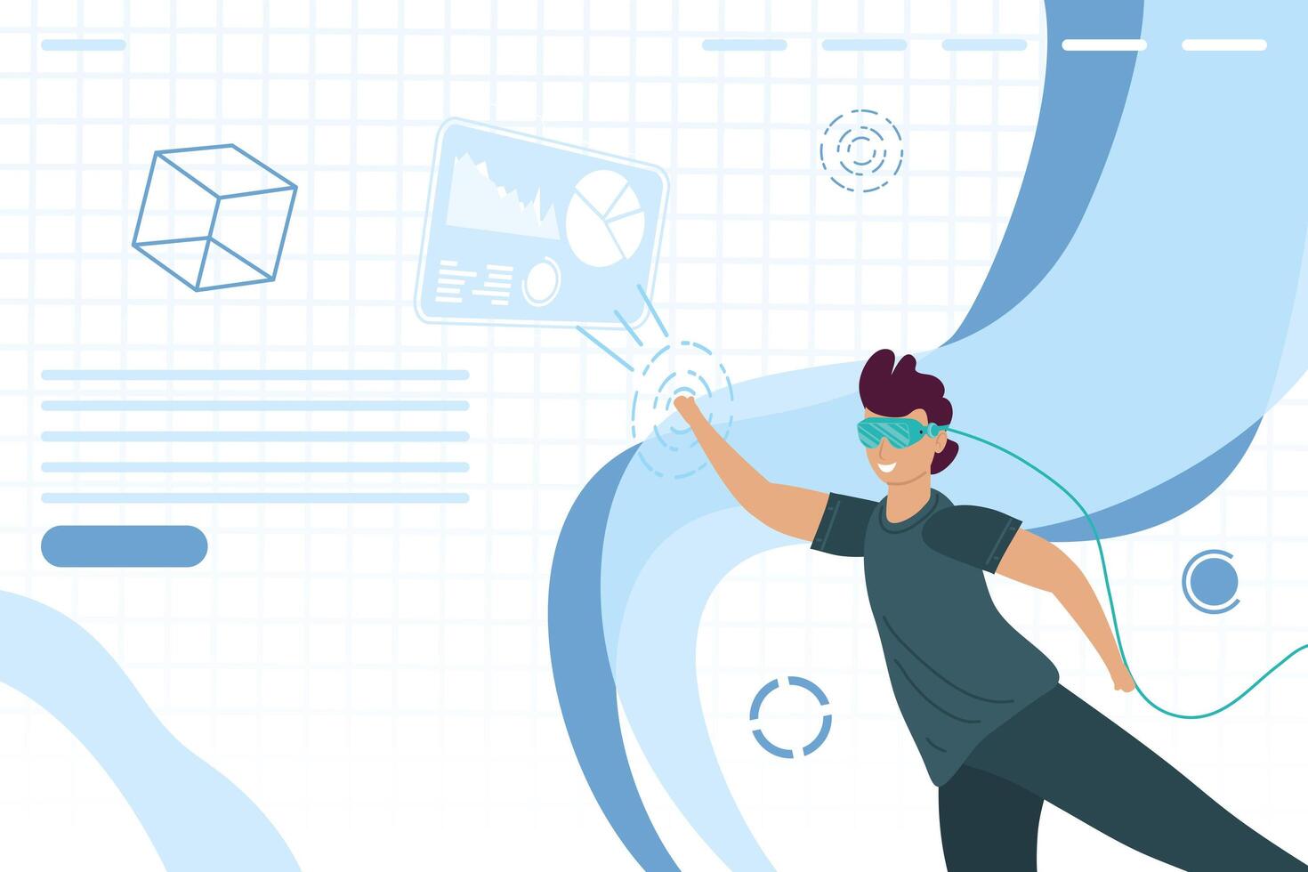 man using virtual reality mask and cube in template vector