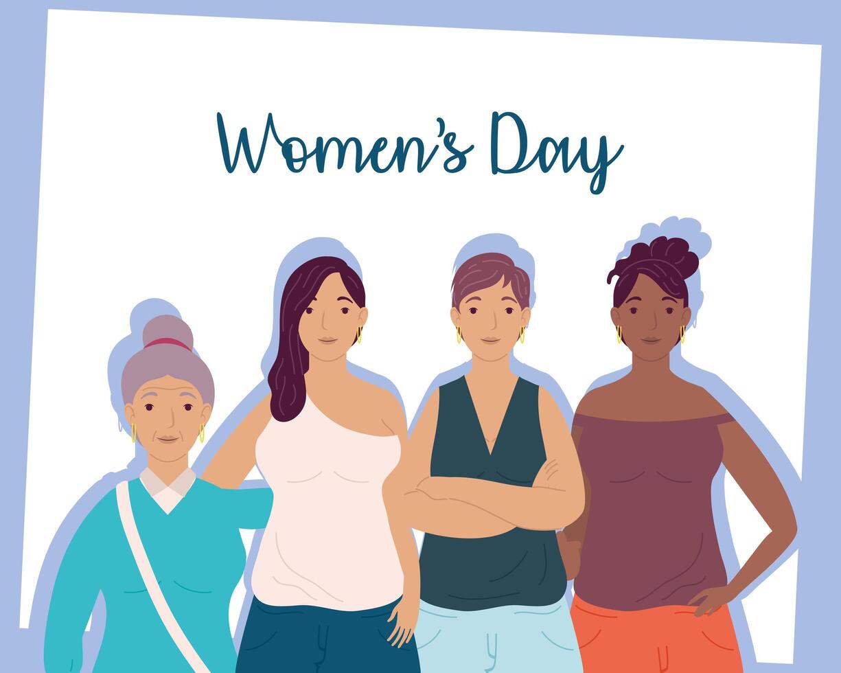 happy womens day lettering card with group of women characters vector