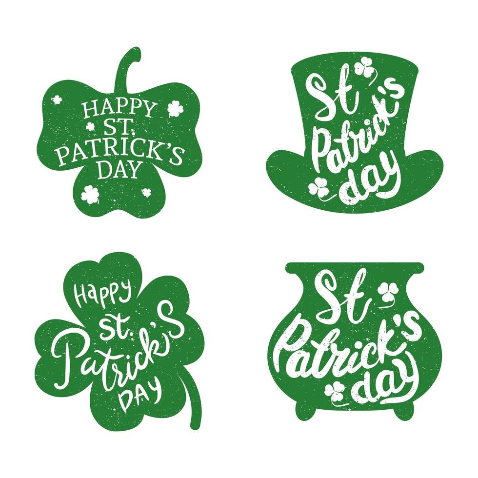 bundle of four happy saint patricks day letterings green vector