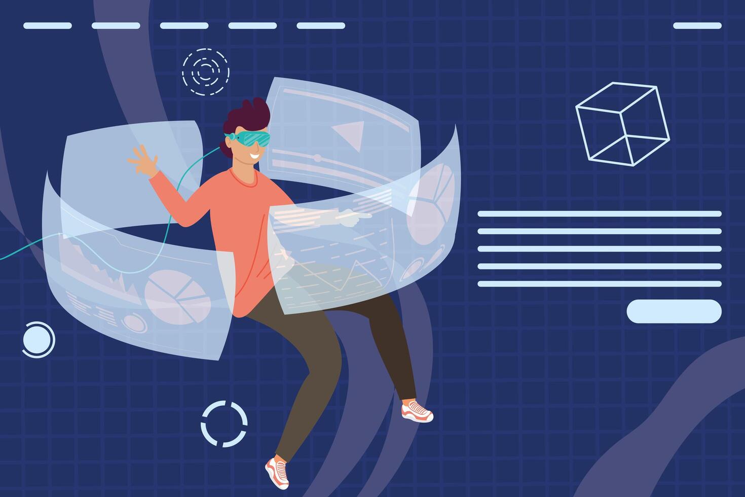 man using virtual reality mask and displays around with cube figure vector