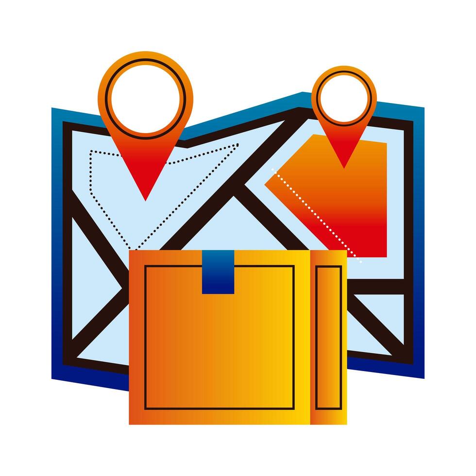 delivery service box carton with paper map and pins locations vector
