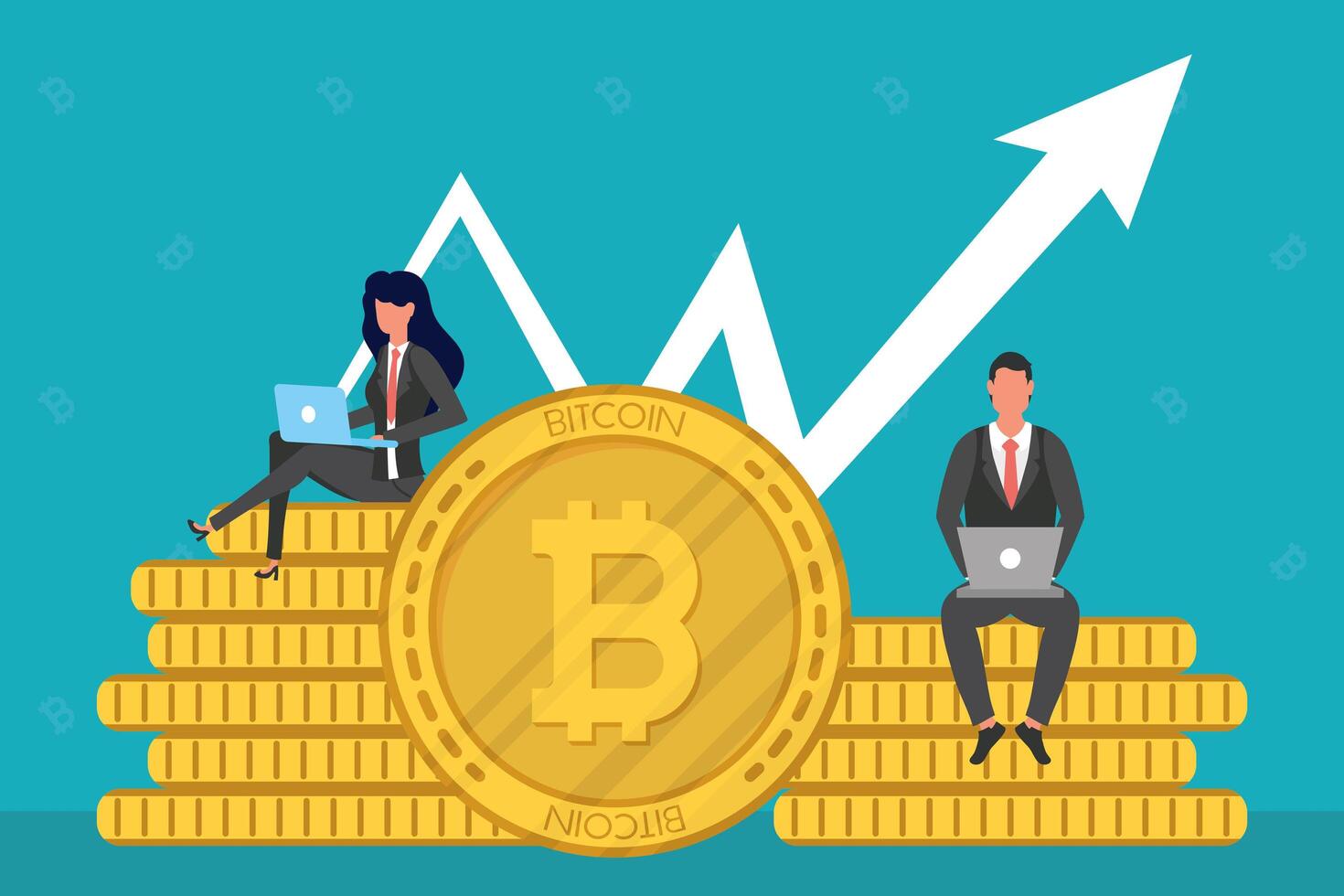 Pareja de negocios usando computadoras portátiles sentadas en bitcoins con flecha hacia arriba vector