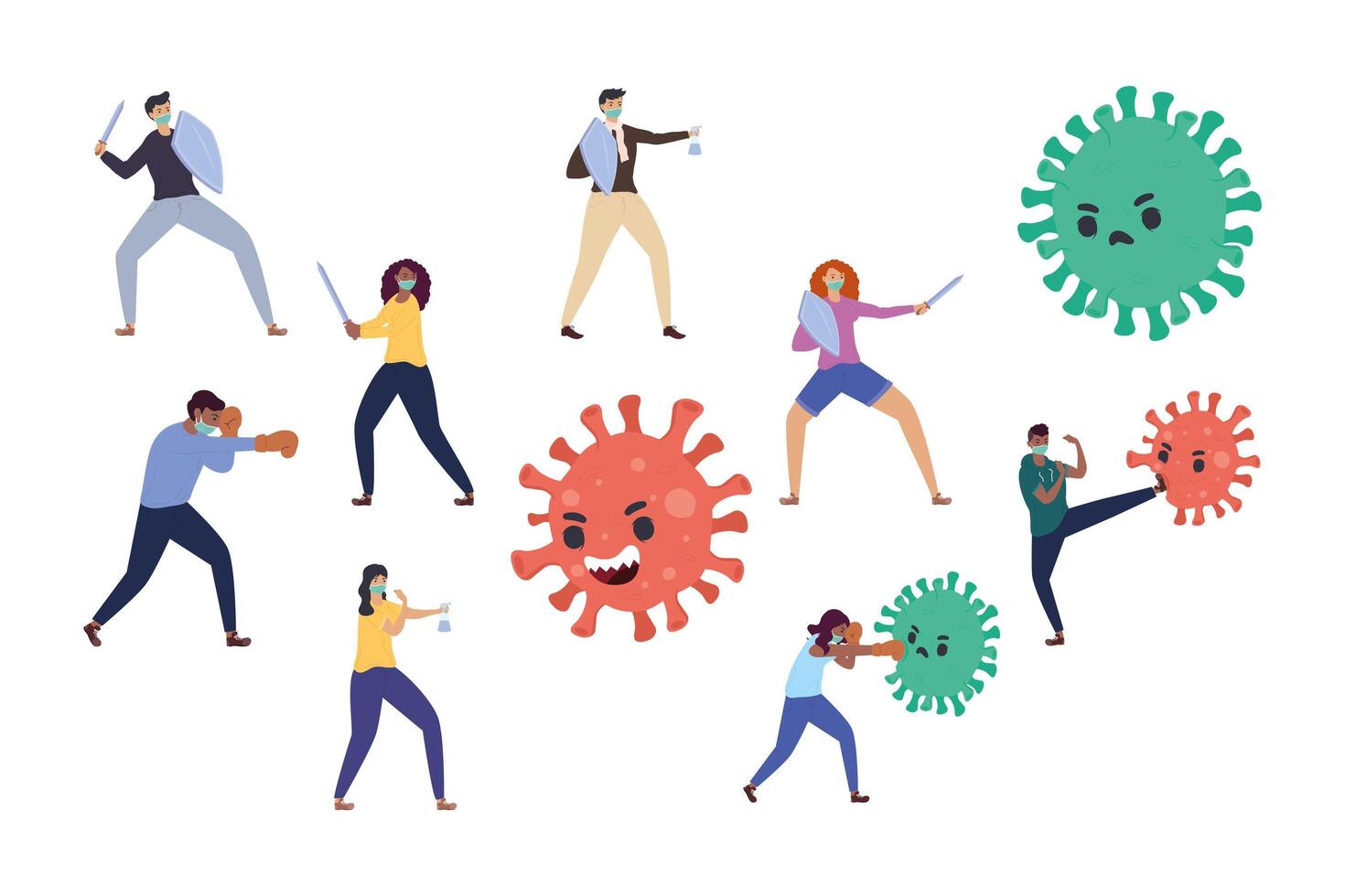 persons fighting vs covid19 particles characters vector