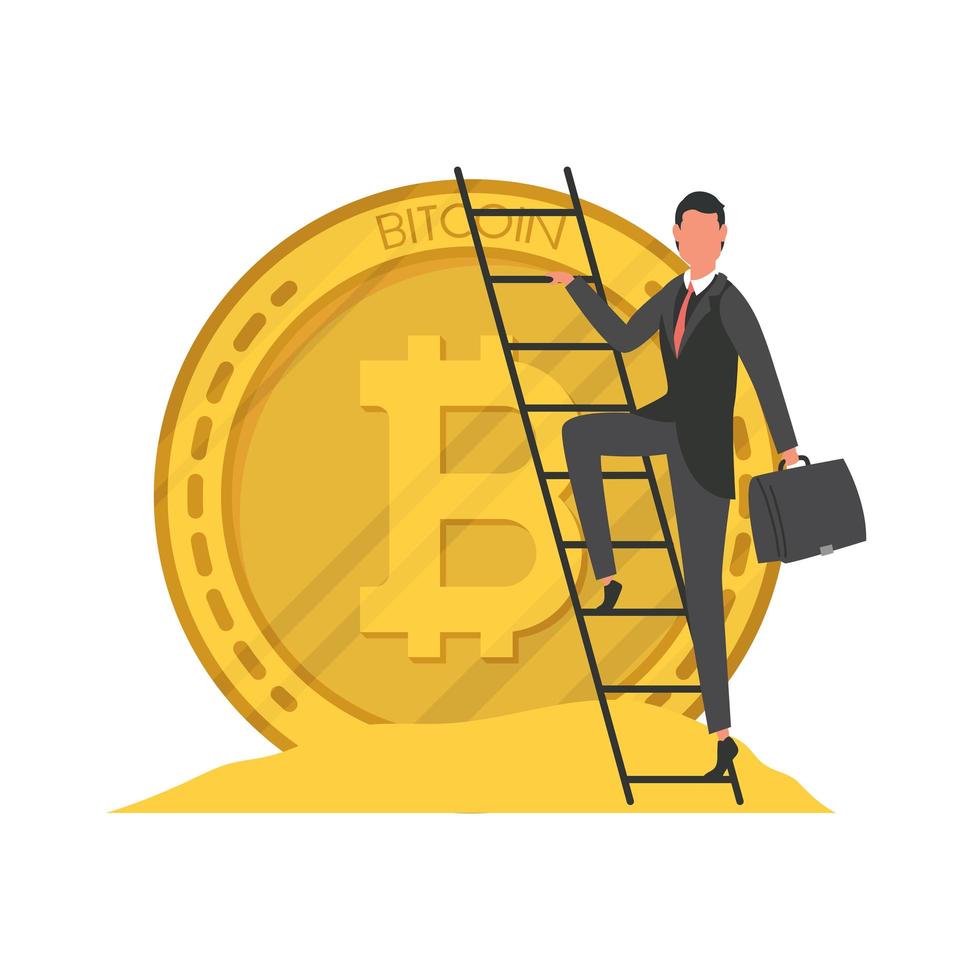 hombre de negocios, subir escaleras, en, bitcoin, crypto, moneda, icono vector