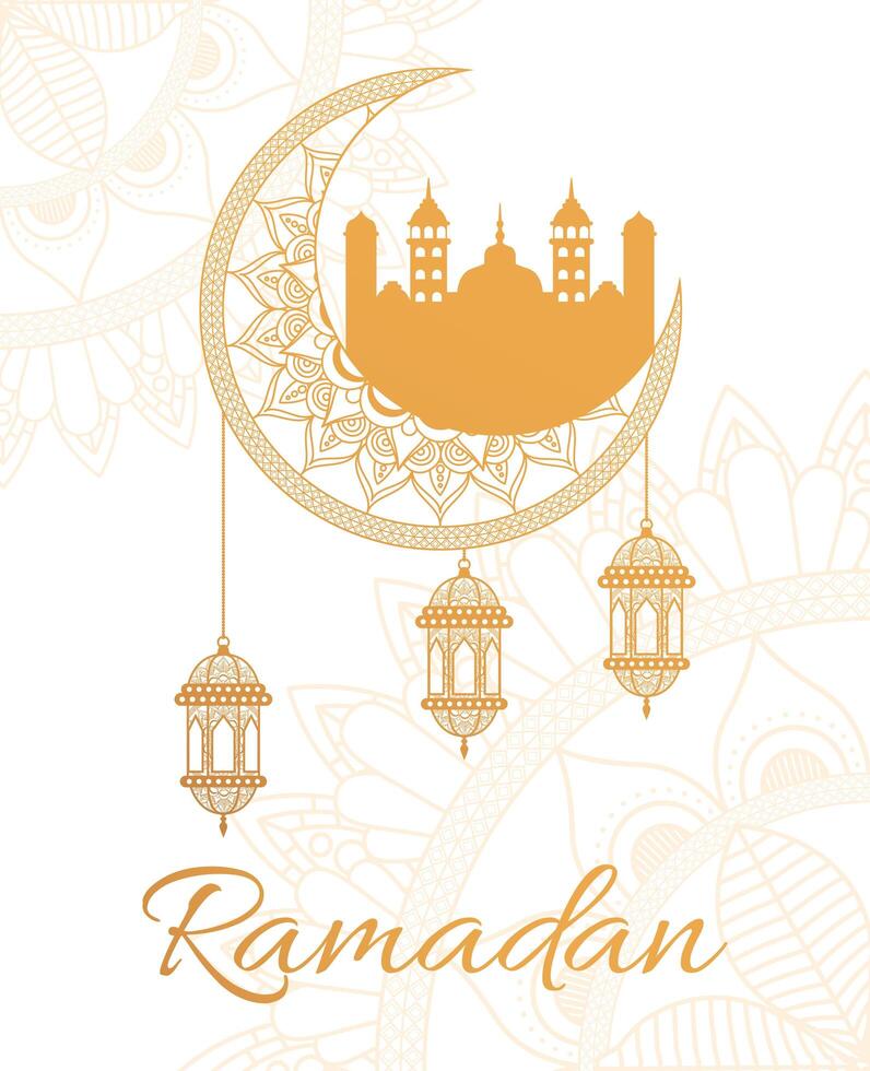 ramadan kareen lettering with lanterns hanging in moon and mosque vector