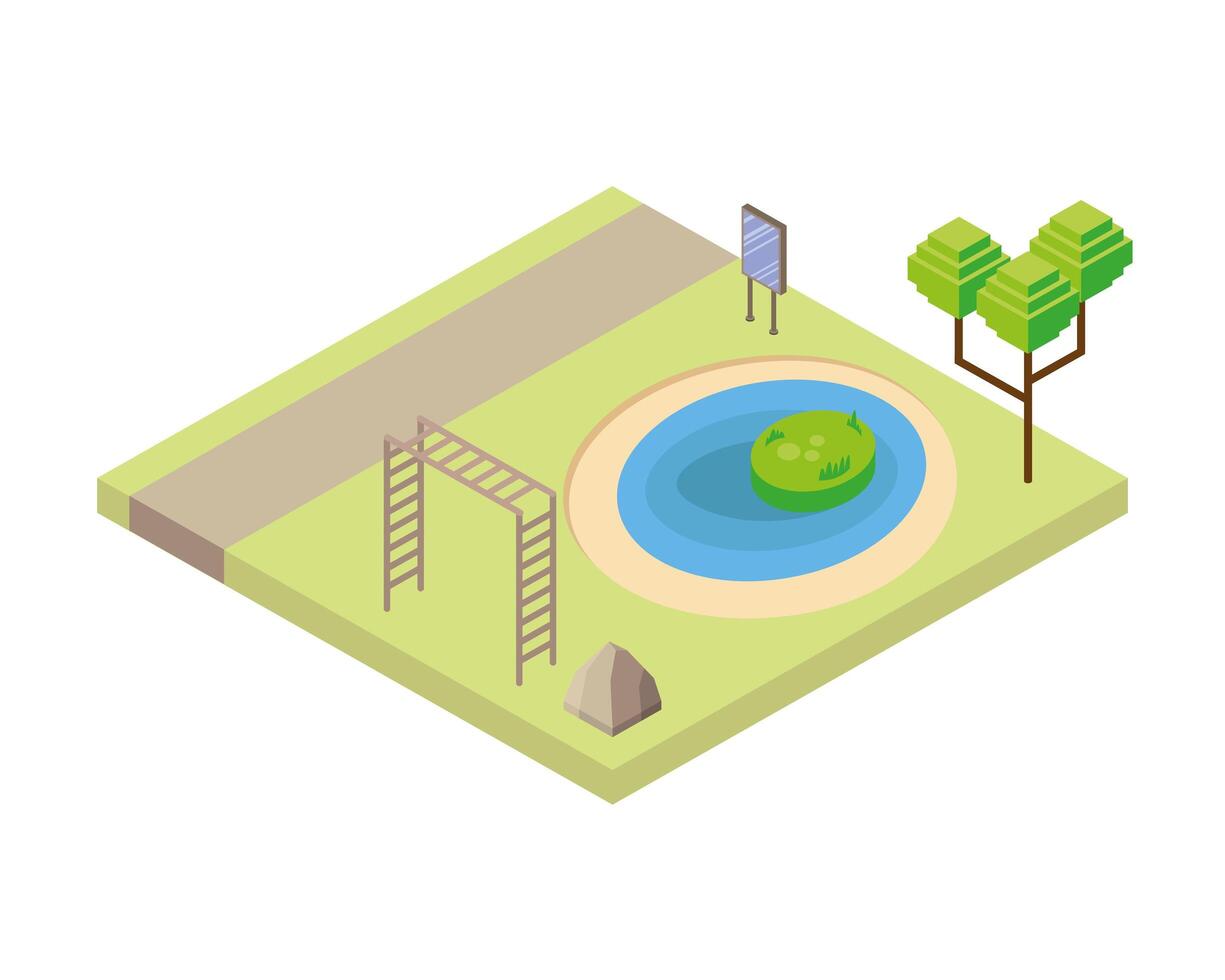 lake and gimnastic bars park scene Isometric style icon vector
