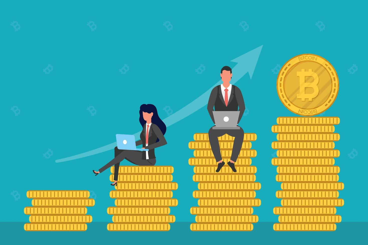 business couple using laptops seated in bitcoins vector
