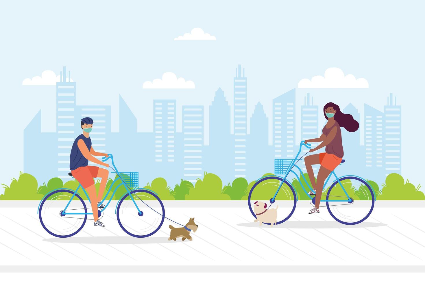 young couple wearing medial mask in bicycles with pets vector