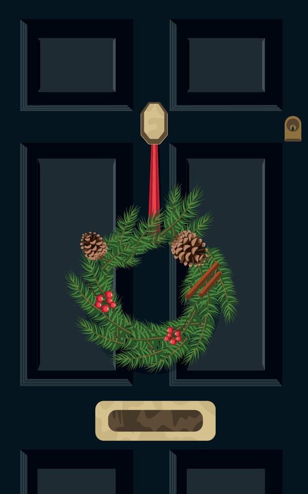 Front door with a Christmas wreath. Christmas decoration. Holiday card. Vector illustration