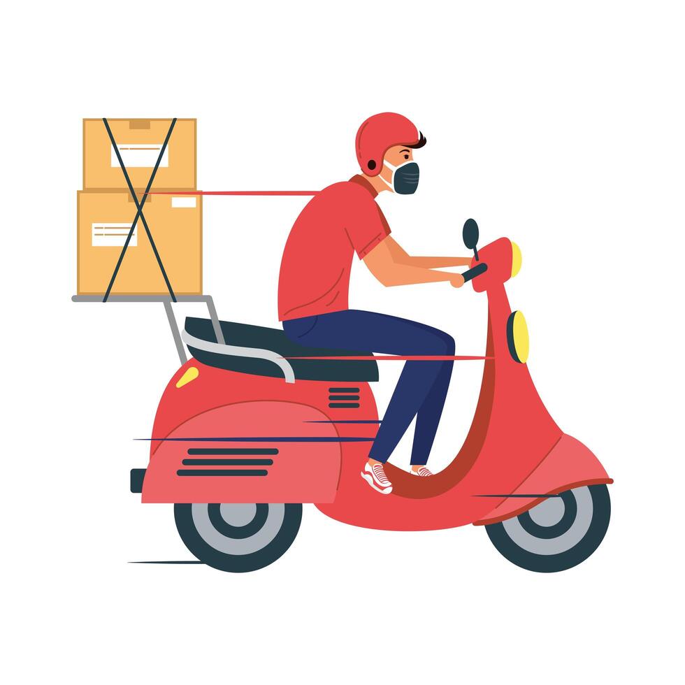 delivery service worker wearing medical mask in motorcycle vector