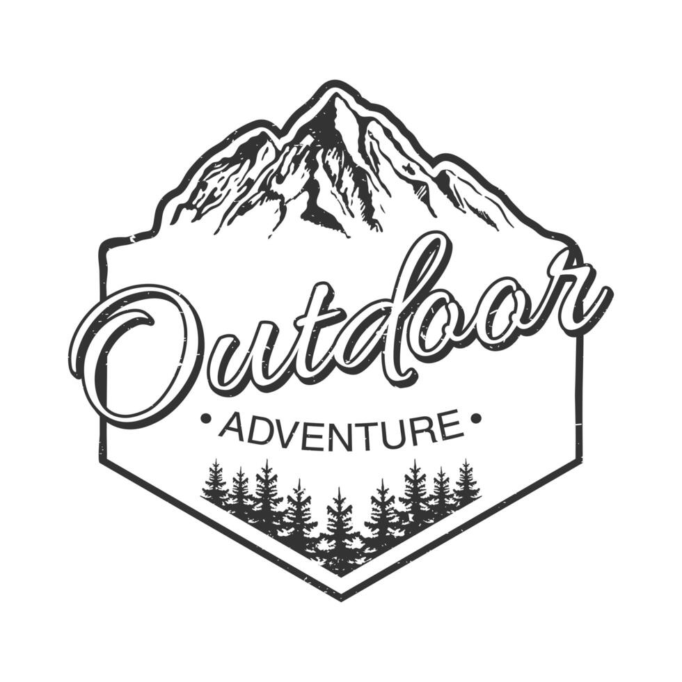 outdoor adventure lettering emblem with big mountains and pines vector