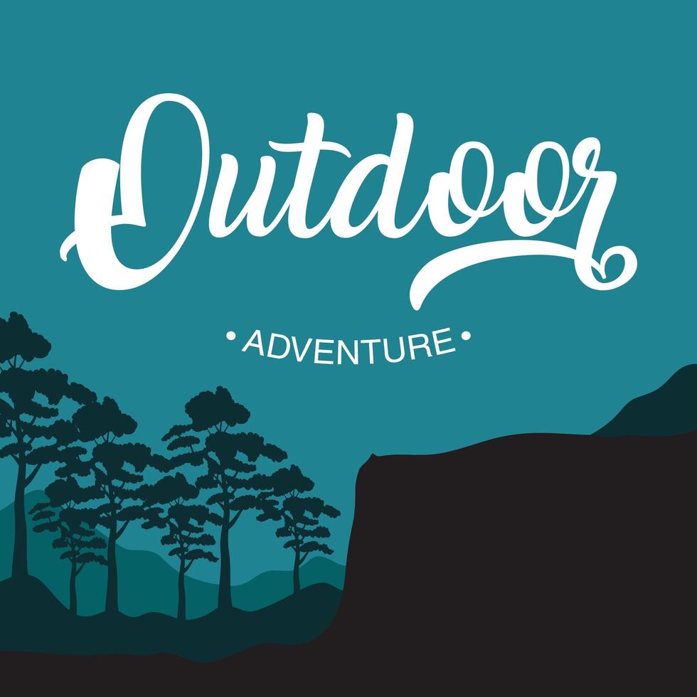 outdoor adventure lettering emblem with landscape scene vector