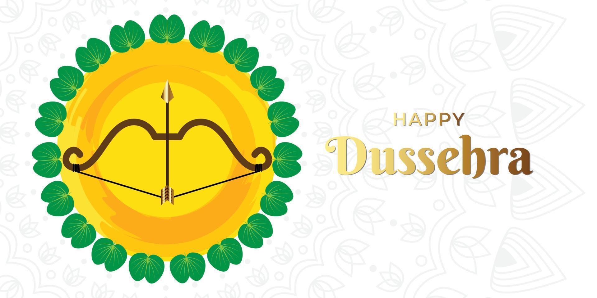 Beautiful Illustration Of Happy Dussehra With Bow, Arrow, And Golden Leaf vector