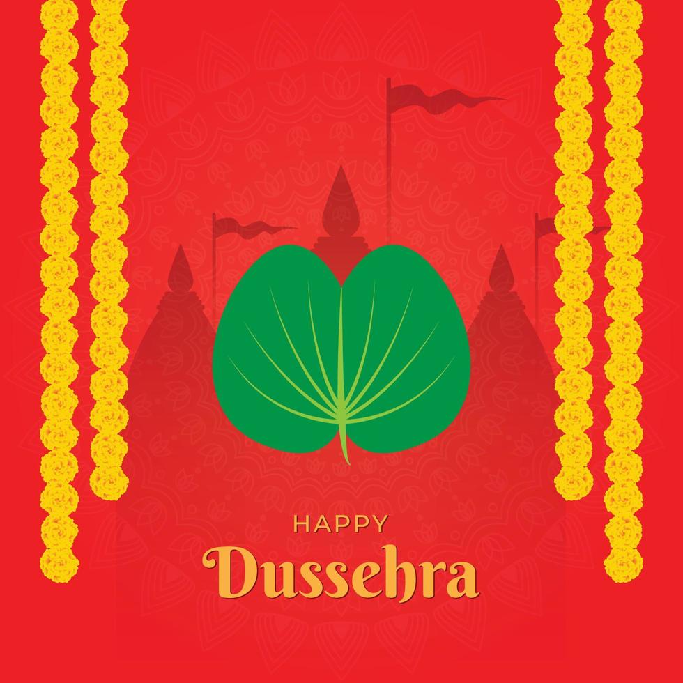 Beautiful Illustration of Happy Dussehra with Apta leaves also called golden leaves, marigold garland and temple in the background vector