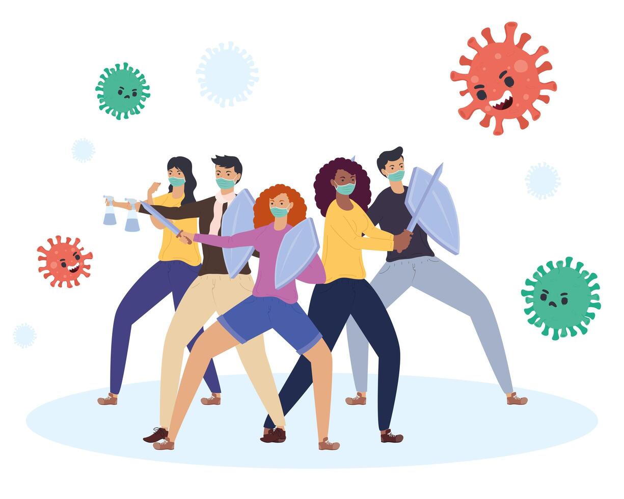 group of diversity persons fighting vs covid19 particles characters vector