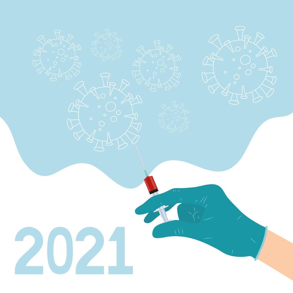 2021 year with doctor hand lifting covid19 vaccine syringe vector
