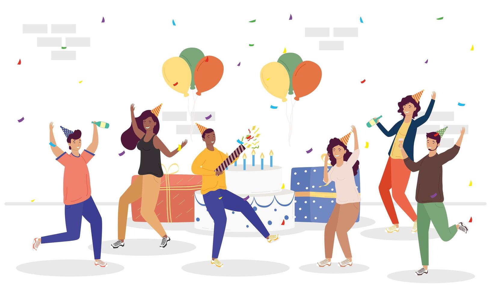 Grupo de personas celebrando un cumpleaños con regalos y globos de helio. vector