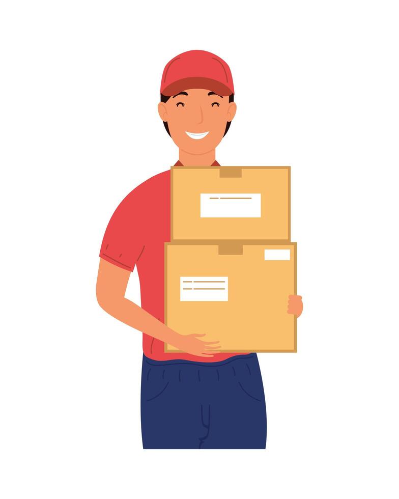 servicio de entrega trabajador personaje levantando cajas de cartón vector